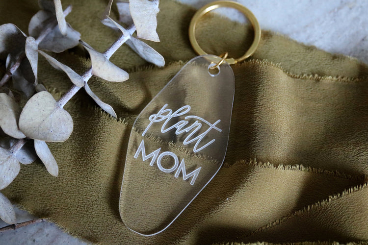 plant mom motel keychain | clear or fluorescent pink