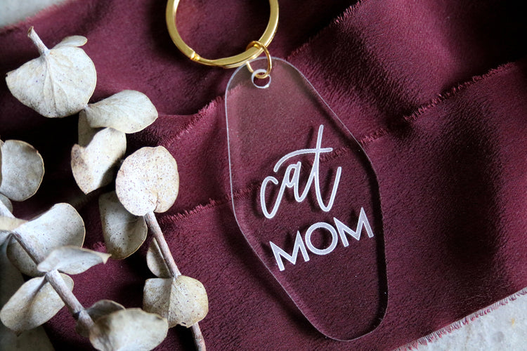 cat mom motel keychain | clear or fluorescent pink