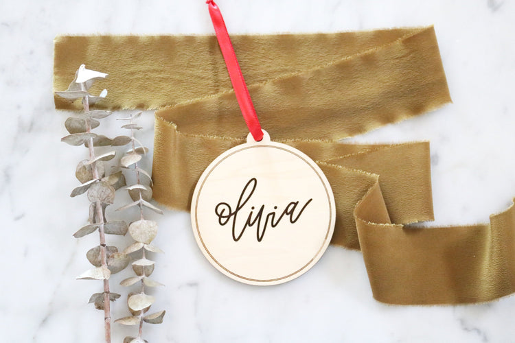 custom calligraphy name wood christmas ornament