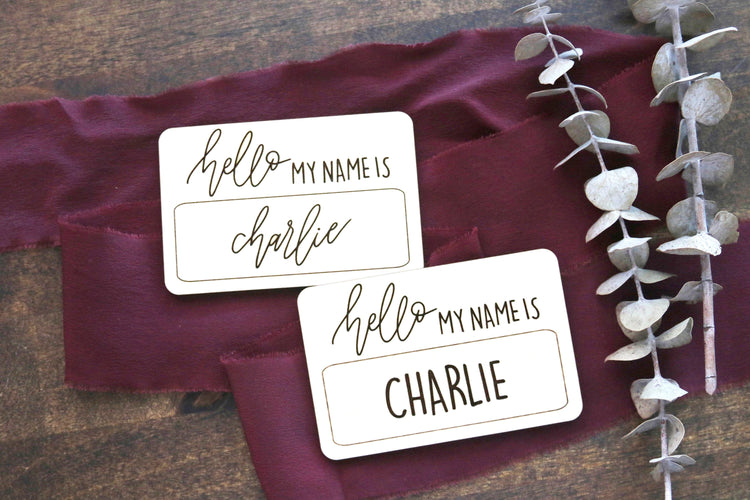 custom hand lettered 'hello my name is' wood sign