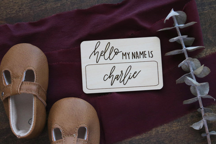 custom hand lettered 'hello my name is' wood sign