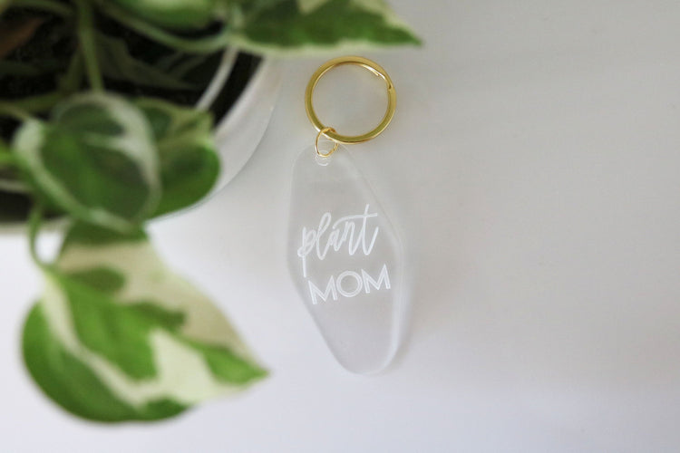 plant mom motel keychain | clear or fluorescent pink