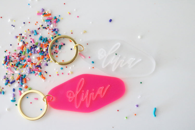 custom calligraphy name motel keychain | clear or fluorescent pink