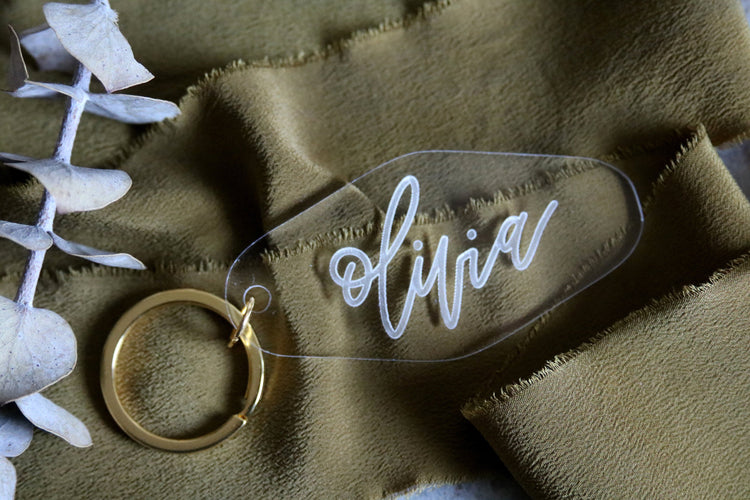 custom calligraphy name motel keychain | clear or fluorescent pink