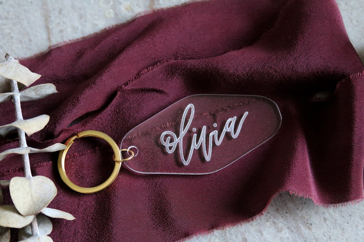 custom calligraphy name motel keychain | clear or fluorescent pink