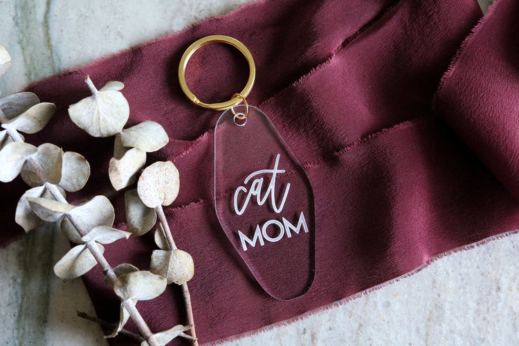 cat mom motel keychain | clear or fluorescent pink
