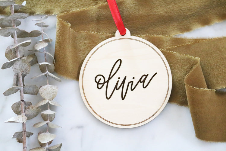 custom calligraphy name wood christmas ornament