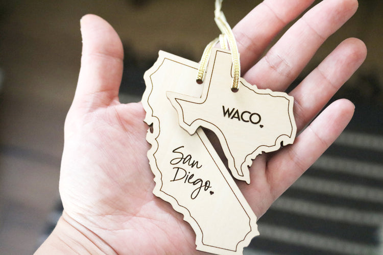 custom mini city and state wood christmas ornament