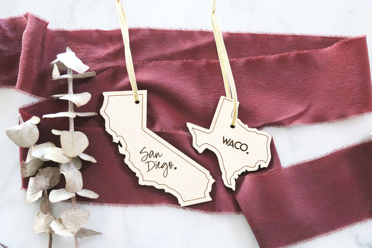 custom mini city and state wood christmas ornament