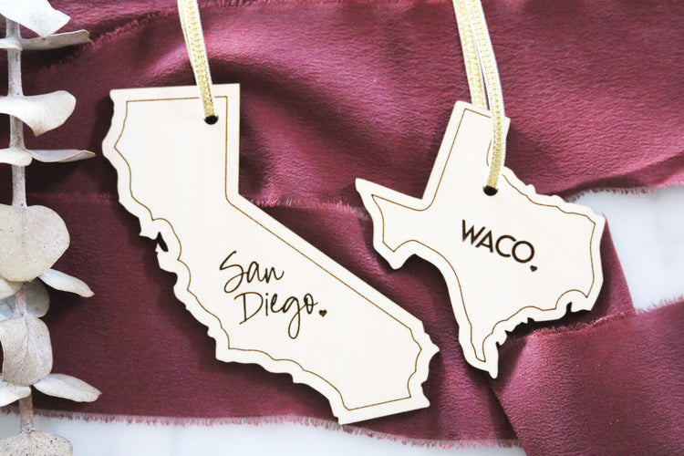 custom mini city and state wood christmas ornament