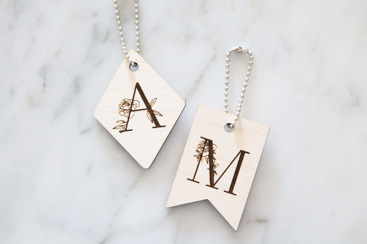 floral letter wood key chain