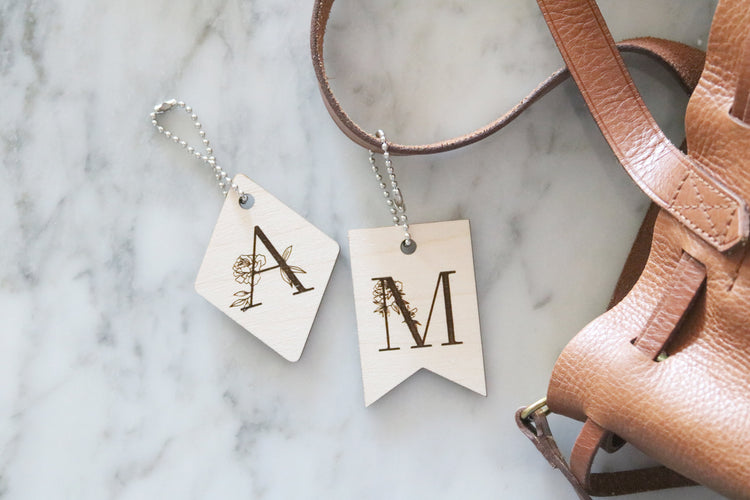 floral letter wood key chain