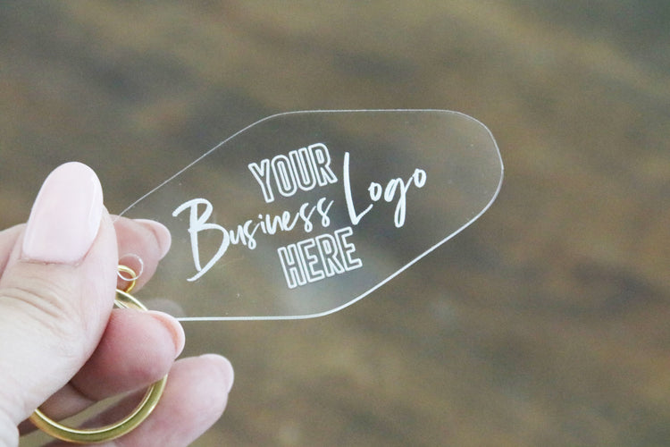 custom business logo motel keychain | clear or fluorescent pink