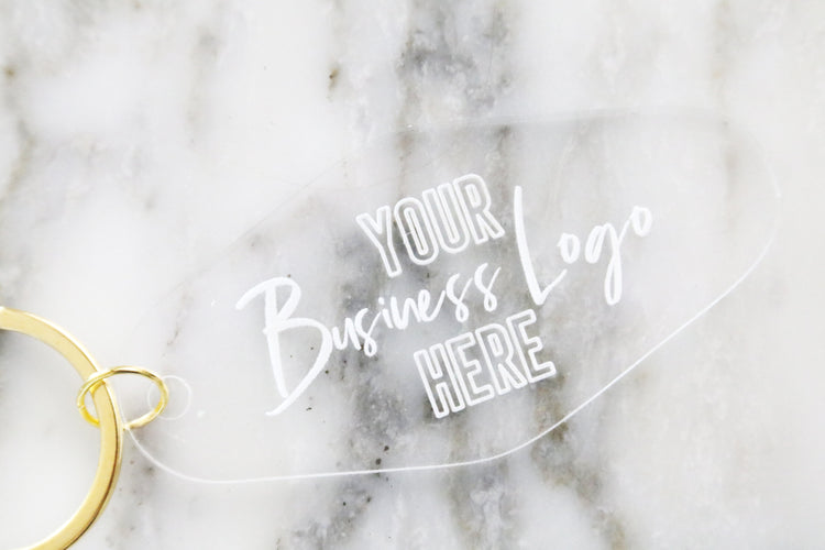 custom business logo motel keychain | clear or fluorescent pink
