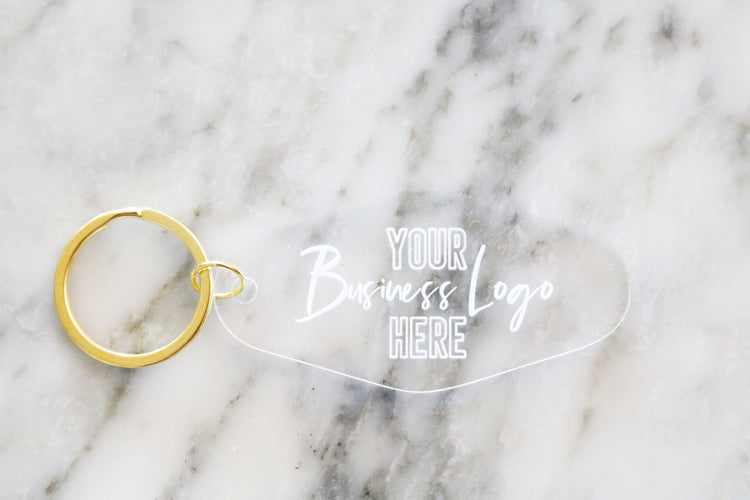 custom business logo motel keychain | clear or fluorescent pink