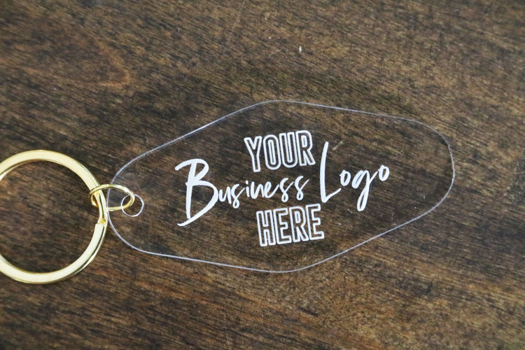 custom business logo motel keychain | clear or fluorescent pink