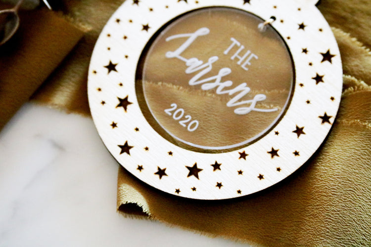 personalized christmas star wood + acrylic ornament