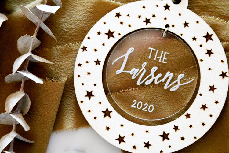 personalized christmas star wood + acrylic ornament