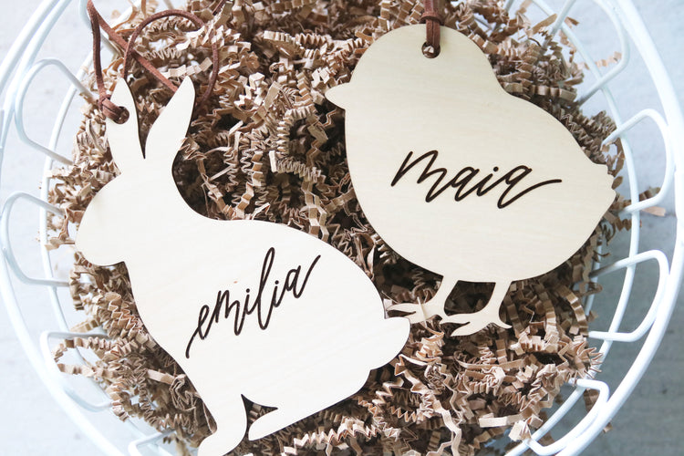custom calligraphy wood easter basket name tag | bunny or chick