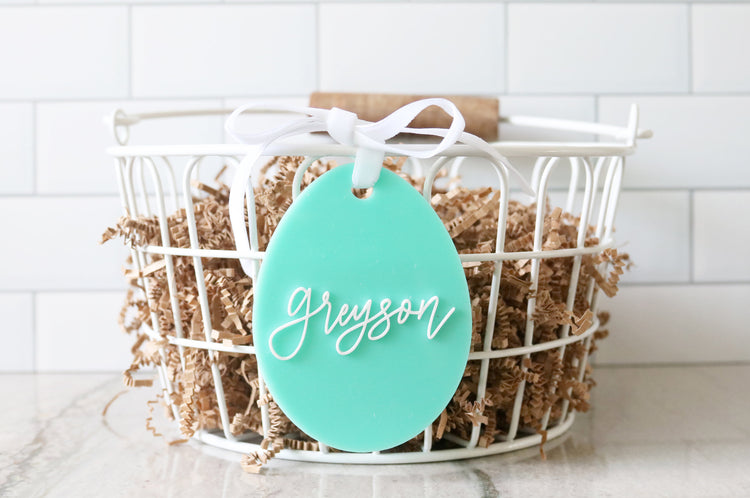 custom calligraphy egg easter basket acrylic name tag | choose your color