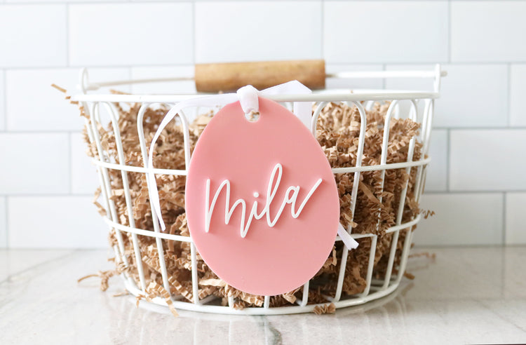 custom calligraphy egg easter basket acrylic name tag | choose your color