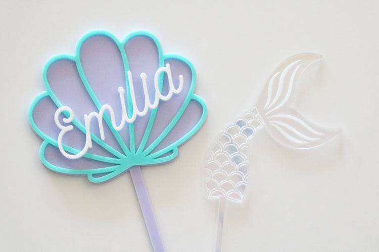 colorful iridescent mermaid tail acrylic cake or cupcake topper