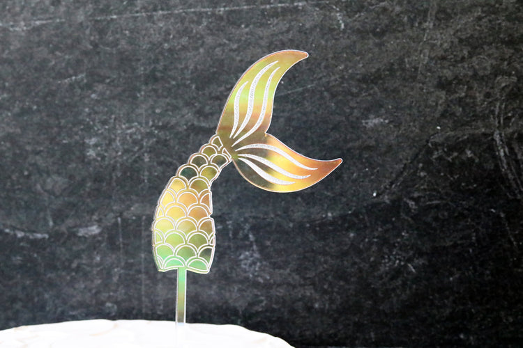 colorful iridescent mermaid tail acrylic cake or cupcake topper