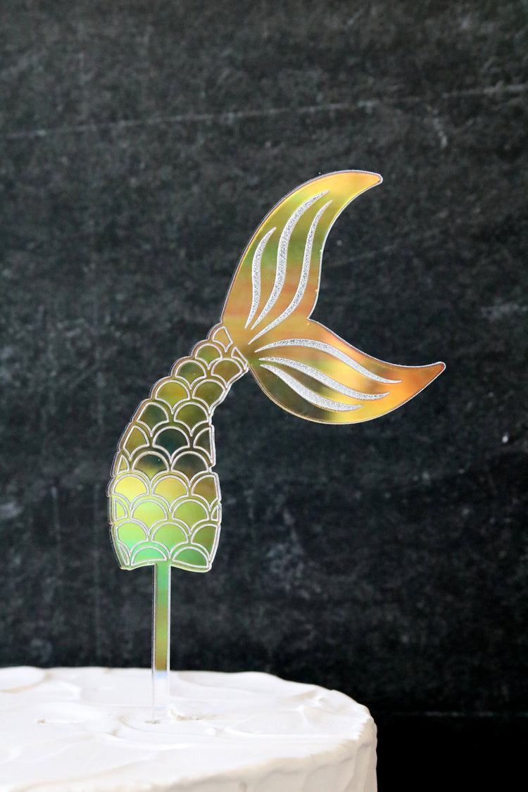 colorful iridescent mermaid tail acrylic cake or cupcake topper