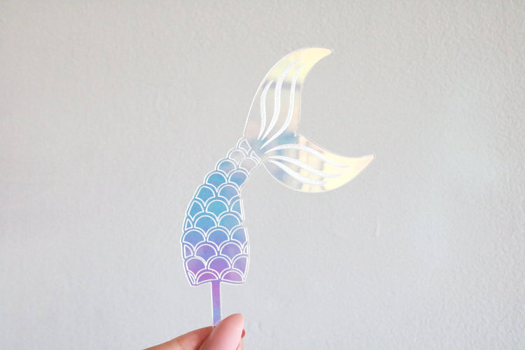 colorful iridescent mermaid tail acrylic cake or cupcake topper
