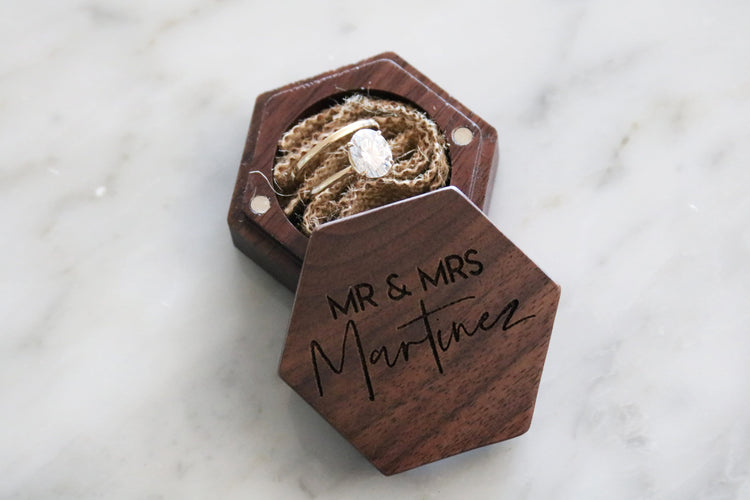 custom engraved wood wedding ring box | last name