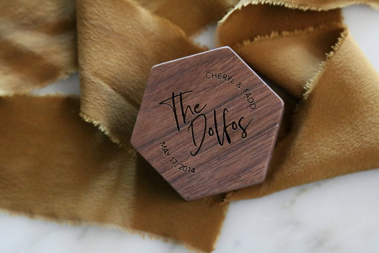 custom engraved wood wedding ring box | names + wedding date