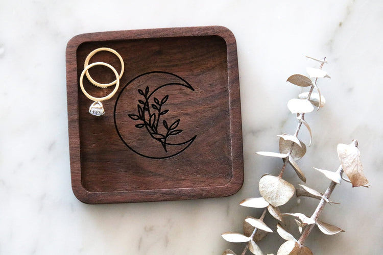 floral moon wood jewelry trinket ring dish