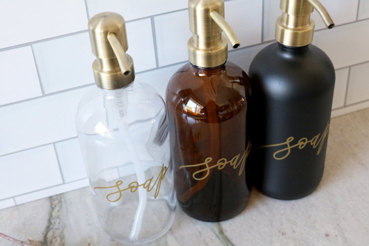custom calligraphy glass soap dispenser with gold details