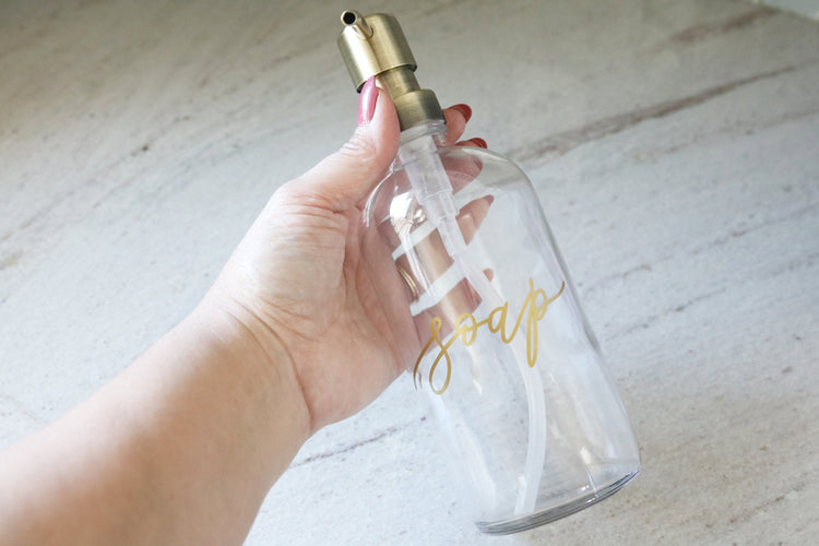 custom calligraphy glass soap dispenser with gold details