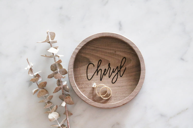 custom calligraphy round wood jewelry trinket dish