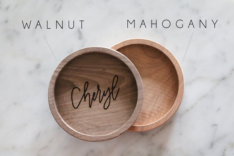 custom calligraphy round wood jewelry trinket dish