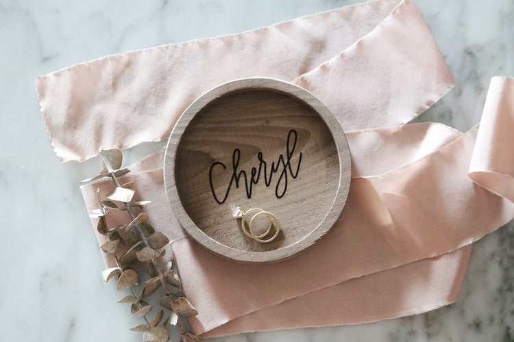 custom calligraphy round wood jewelry trinket dish