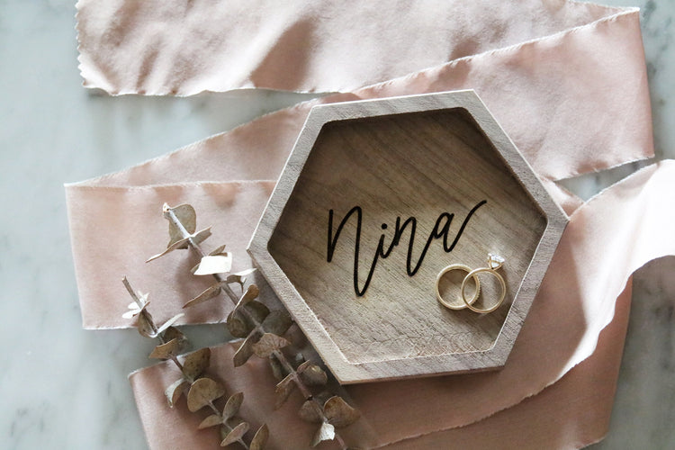 custom calligraphy hexagon wood jewelry trinket dish