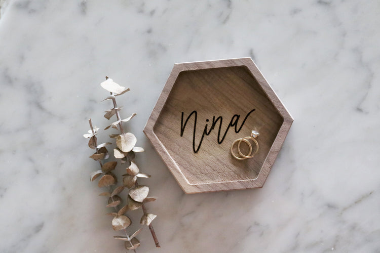 custom calligraphy hexagon wood jewelry trinket dish