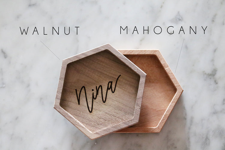 custom calligraphy hexagon wood jewelry trinket dish