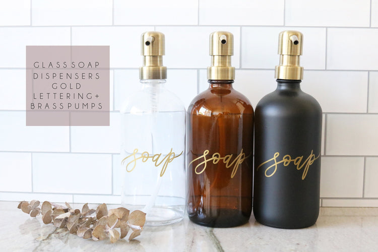 custom calligraphy glass soap dispenser with gold details