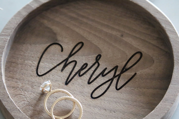 custom calligraphy round wood jewelry trinket dish
