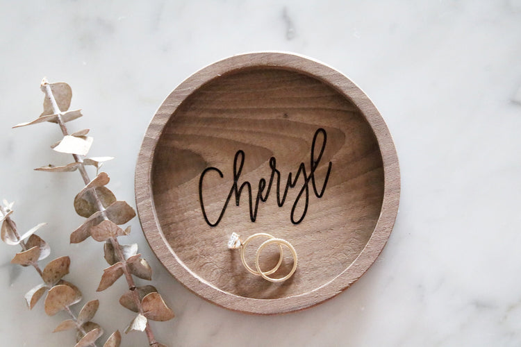 custom calligraphy round wood jewelry trinket dish