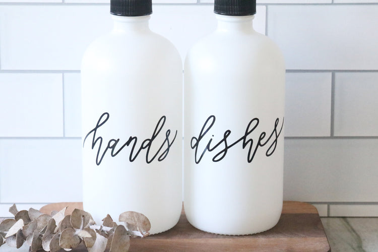 HANDS + DISHES | calligraphy white glass soap dispenser set