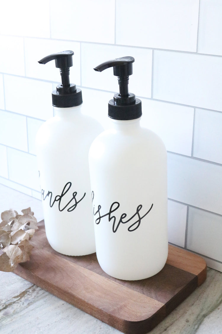 HANDS + DISHES | calligraphy white glass soap dispenser set