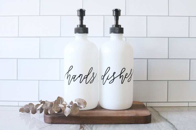 HANDS + DISHES | calligraphy white glass soap dispenser set