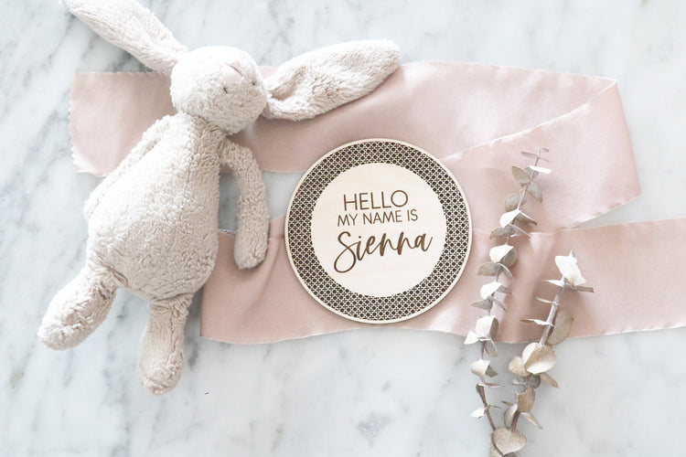 custom wood rattan cane 'hello my name is' wood sign