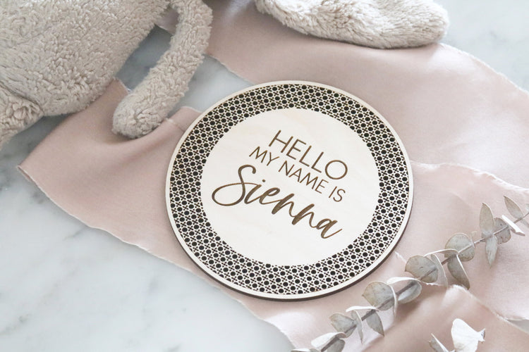 custom wood rattan cane 'hello my name is' wood sign