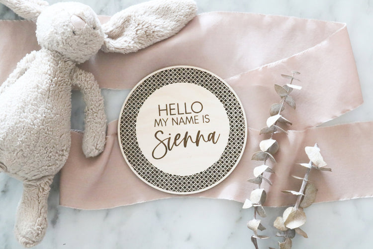 custom wood rattan cane 'hello my name is' wood sign