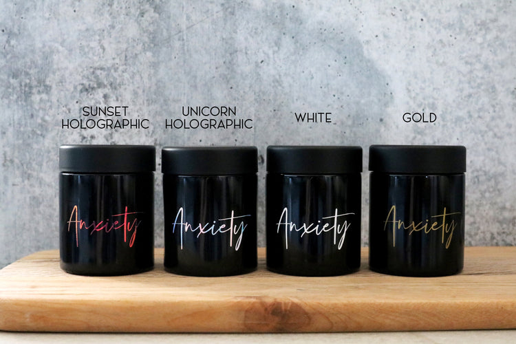 custom labeled black glass stash jar